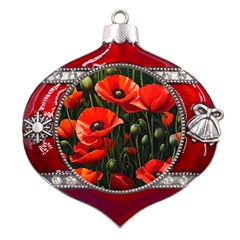 Flowers Poppies Bloom Blossom Art Metal Snowflake And Bell Red Ornament by Apenda