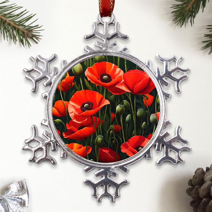 Flowers Poppies Bloom Blossom Art Metal Large Snowflake Ornament