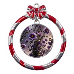 Flower Bloom Blossom Nature Flora Metal Red Ribbon Round Ornament