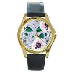 Flowers Petals Blossom Flora Round Gold Metal Watch