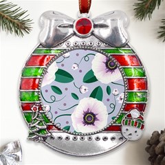 Flowers Petals Blossom Flora Metal X mas Ribbon With Red Crystal Round Ornament