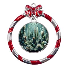 Underwater Coral Life Metal Red Ribbon Round Ornament