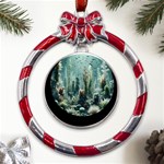 Underwater Coral Life Metal Red Ribbon Round Ornament Front