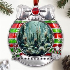 Underwater Coral Life Metal X mas Ribbon With Red Crystal Round Ornament by Apenda