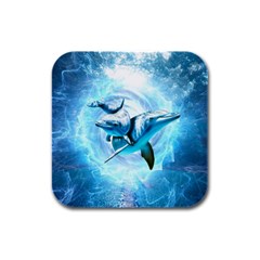 Dolphin Blue Sea Fantasy Rubber Square Coaster (4 Pack)