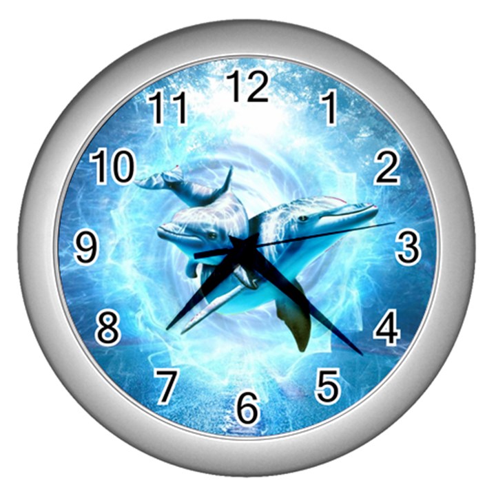 Dolphin Blue Sea Fantasy Wall Clock (Silver)