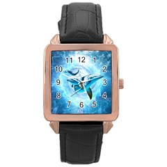 Dolphin Blue Sea Fantasy Rose Gold Leather Watch  by Maspions