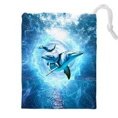 Dolphin Blue Sea Fantasy Drawstring Pouch (5xl)