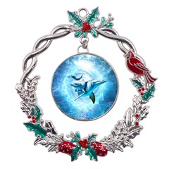 Dolphin Blue Sea Fantasy Metal X mas Wreath Holly Leaf Ornament