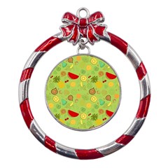 Art Fruits Pattern Metal Red Ribbon Round Ornament