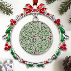 Swirls Foliage Leaves Green Metal X mas Wreath Ribbon Ornament