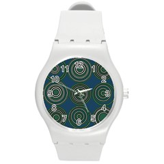 Mazipoodles Retro Circles Revisited- Teal Green White  Round Plastic Sport Watch (m) by Mazipoodles