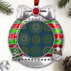 Mazipoodles Retro Circles Revisited- Teal Green White  Metal X mas Ribbon With Red Crystal Round Ornament by Mazipoodles