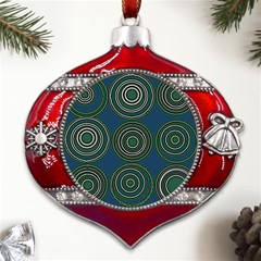 Mazipoodles Retro Circles Revisited- Teal Green White  Metal Snowflake And Bell Red Ornament by Mazipoodles