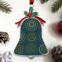 Mazipoodles Retro Circles Revisited- Teal Green White  Metal Holly Leaf Bell Ornament by Mazipoodles