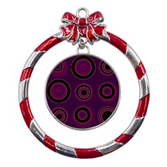 Mazipoodles Retro Circles Revisited - Blackcurrant Blackcherry Black Metal Red Ribbon Round Ornament by Mazipoodles