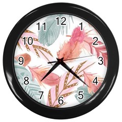 Feathers, Boho, Cute, Feather, Pastel Wall Clock (black) by kyorashop23