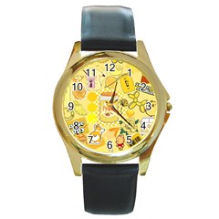 Marillo Pastel Zkt, Aesthetic, Stickers, Yellow Round Gold Metal Watch by kyorashop23