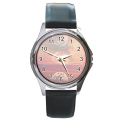 Moon Phase, Cloud, Clouds, Moon, Pastel Round Metal Watch by kyorashop23