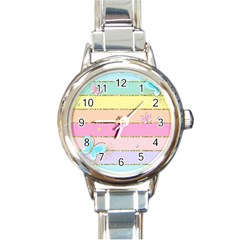 Pastel, Butterfly, Spring, Stripes, Round Italian Charm Watch by kyorashop23