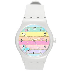 Pastel, Butterfly, Spring, Stripes, Round Plastic Sport Watch (m) by kyorashop23