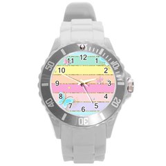 Pastel, Butterfly, Spring, Stripes, Round Plastic Sport Watch (l) by kyorashop23