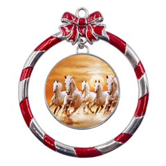 Seven Horses, Sun Metal Red Ribbon Round Ornament by kyorashop23