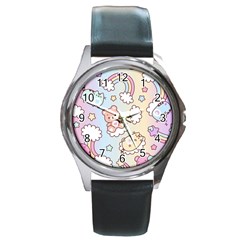 Usheen Carebears, Bears, Cat, Colorful, Cute, Pastel, Pattern Round Metal Watch by kyorashop23