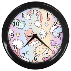 Usheen Carebears, Bears, Cat, Colorful, Cute, Pastel, Pattern Wall Clock (black) by kyorashop23