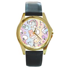 Usheen Carebears, Bears, Cat, Colorful, Cute, Pastel, Pattern Round Gold Metal Watch by kyorashop23