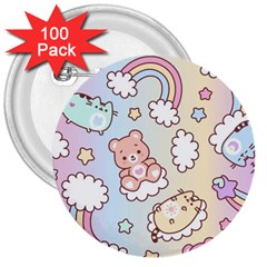 Usheen Carebears, Bears, Cat, Colorful, Cute, Pastel, Pattern 3  Buttons (100 Pack)  by kyorashop23