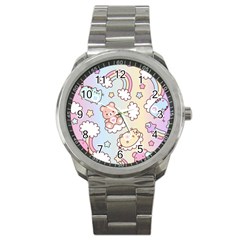 Usheen Carebears, Bears, Cat, Colorful, Cute, Pastel, Pattern Sport Metal Watch by kyorashop23