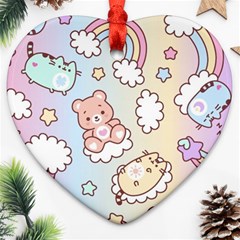 Usheen Carebears, Bears, Cat, Colorful, Cute, Pastel, Pattern Heart Ornament (two Sides)