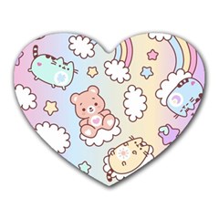 Usheen Carebears, Bears, Cat, Colorful, Cute, Pastel, Pattern Heart Mousepad by kyorashop23