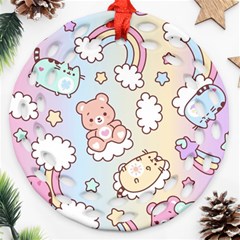 Usheen Carebears, Bears, Cat, Colorful, Cute, Pastel, Pattern Ornament (round Filigree)