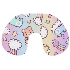 Usheen Carebears, Bears, Cat, Colorful, Cute, Pastel, Pattern Travel Neck Pillow by kyorashop23