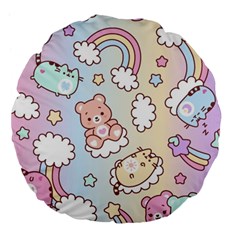 Usheen Carebears, Bears, Cat, Colorful, Cute, Pastel, Pattern Large 18  Premium Flano Round Cushions by kyorashop23