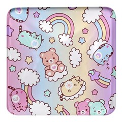 Usheen Carebears, Bears, Cat, Colorful, Cute, Pastel, Pattern Square Glass Fridge Magnet (4 Pack) by kyorashop23