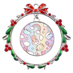 Usheen Carebears, Bears, Cat, Colorful, Cute, Pastel, Pattern Metal X mas Wreath Ribbon Ornament by kyorashop23