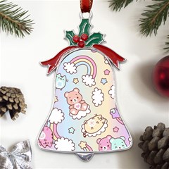 Usheen Carebears, Bears, Cat, Colorful, Cute, Pastel, Pattern Metal Holly Leaf Bell Ornament by kyorashop23