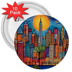 City New York Nyc Skyscraper Skyline Downtown Night Business Urban Travel Landmark Building Architec 3  Buttons (10 Pack)  by Posterlux