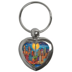 City New York Nyc Skyscraper Skyline Downtown Night Business Urban Travel Landmark Building Architec Key Chain (heart) by Posterlux