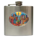 City New York Nyc Skyscraper Skyline Downtown Night Business Urban Travel Landmark Building Architec Hip Flask (6 oz) Front