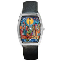 City New York Nyc Skyscraper Skyline Downtown Night Business Urban Travel Landmark Building Architec Barrel Style Metal Watch