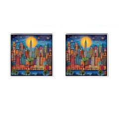 City New York Nyc Skyscraper Skyline Downtown Night Business Urban Travel Landmark Building Architec Cufflinks (square) by Posterlux