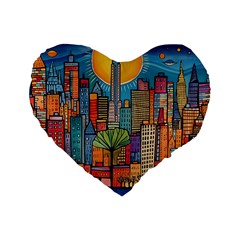 City New York Nyc Skyscraper Skyline Downtown Night Business Urban Travel Landmark Building Architec Standard 16  Premium Heart Shape Cushions by Posterlux