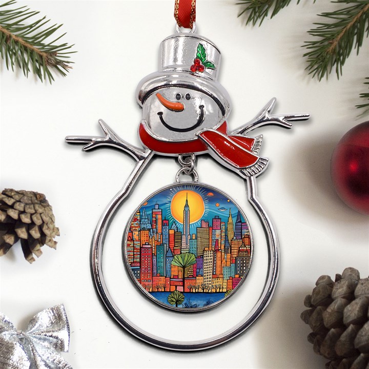 City New York Nyc Skyscraper Skyline Downtown Night Business Urban Travel Landmark Building Architec Metal Snowman Ornament