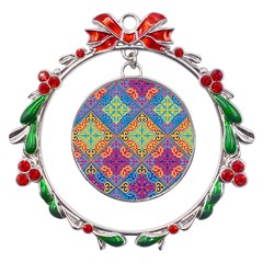 Colorful Flora Flora Kazakh Pattern Metal X mas Wreath Ribbon Ornament by Cemarart