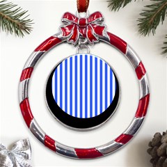 Blue Stripes, Sticker, Stickers Metal Red Ribbon Round Ornament by kyorashop23