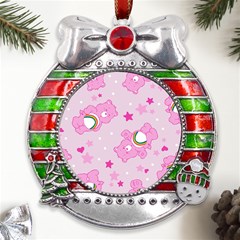 Cheer Bear Pink, Care, Care Bears, Cartoon Metal X mas Ribbon With Red Crystal Round Ornament by kyorashop23